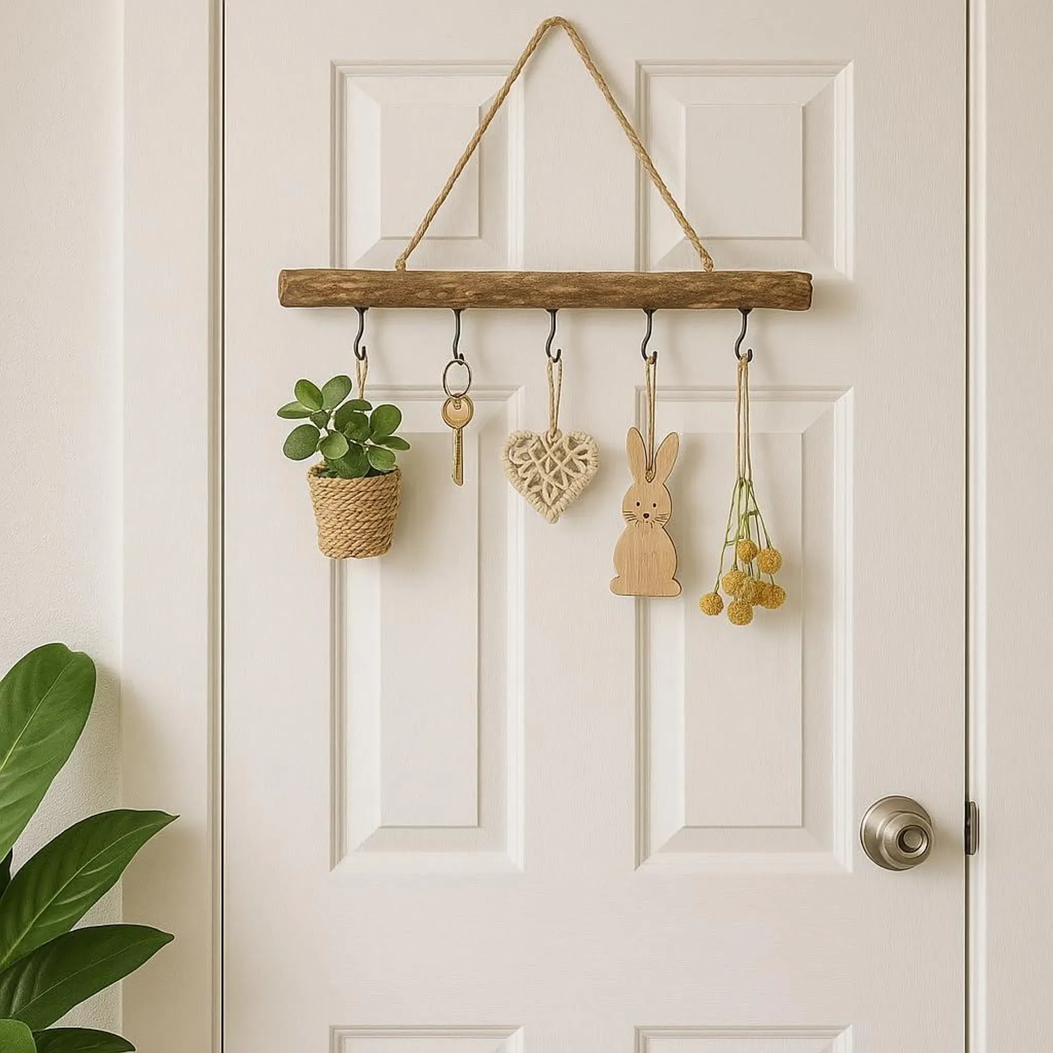 Deko-Holzstange zum Hängen – 50 cm mit 5 Haken & Naturkordel